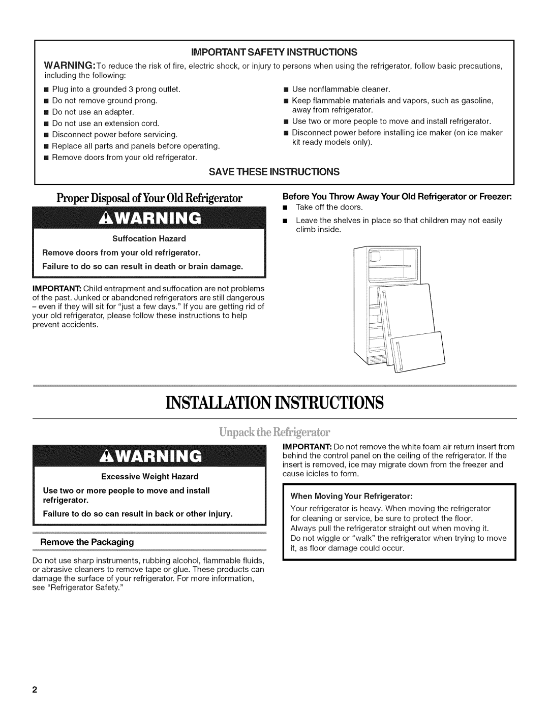 Whirlpool W10131412A INSTRUCTiONS, Before You Throw Away Your Old Refrigerator or Freezer, Or injury to 