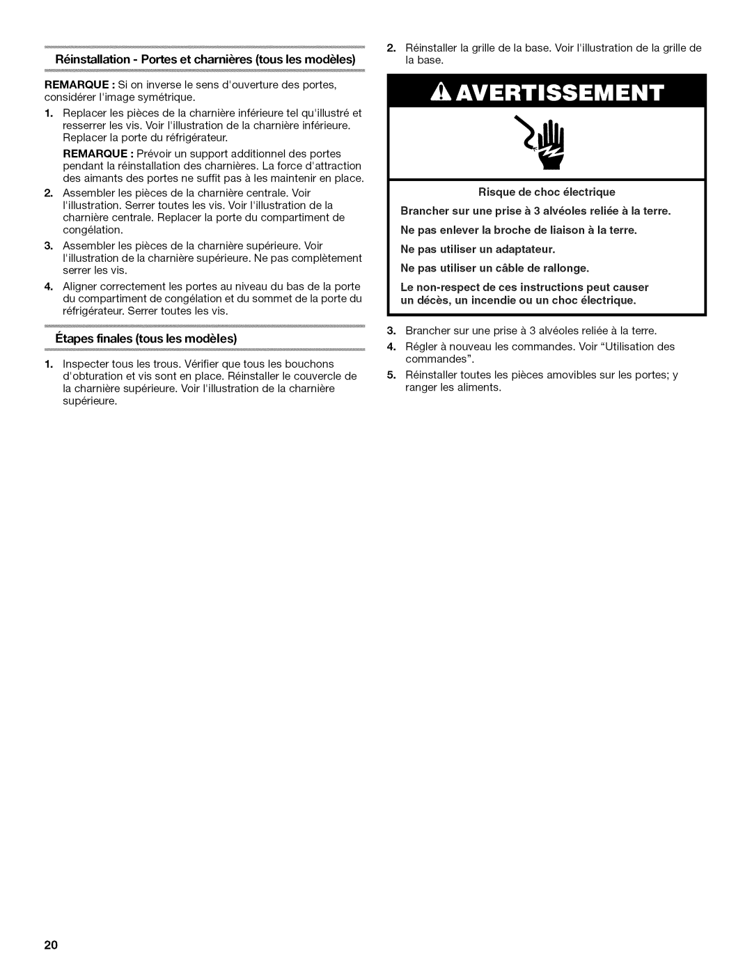 Whirlpool W10131412A installation instructions Rinstallation Portes et charnires tous les modules 