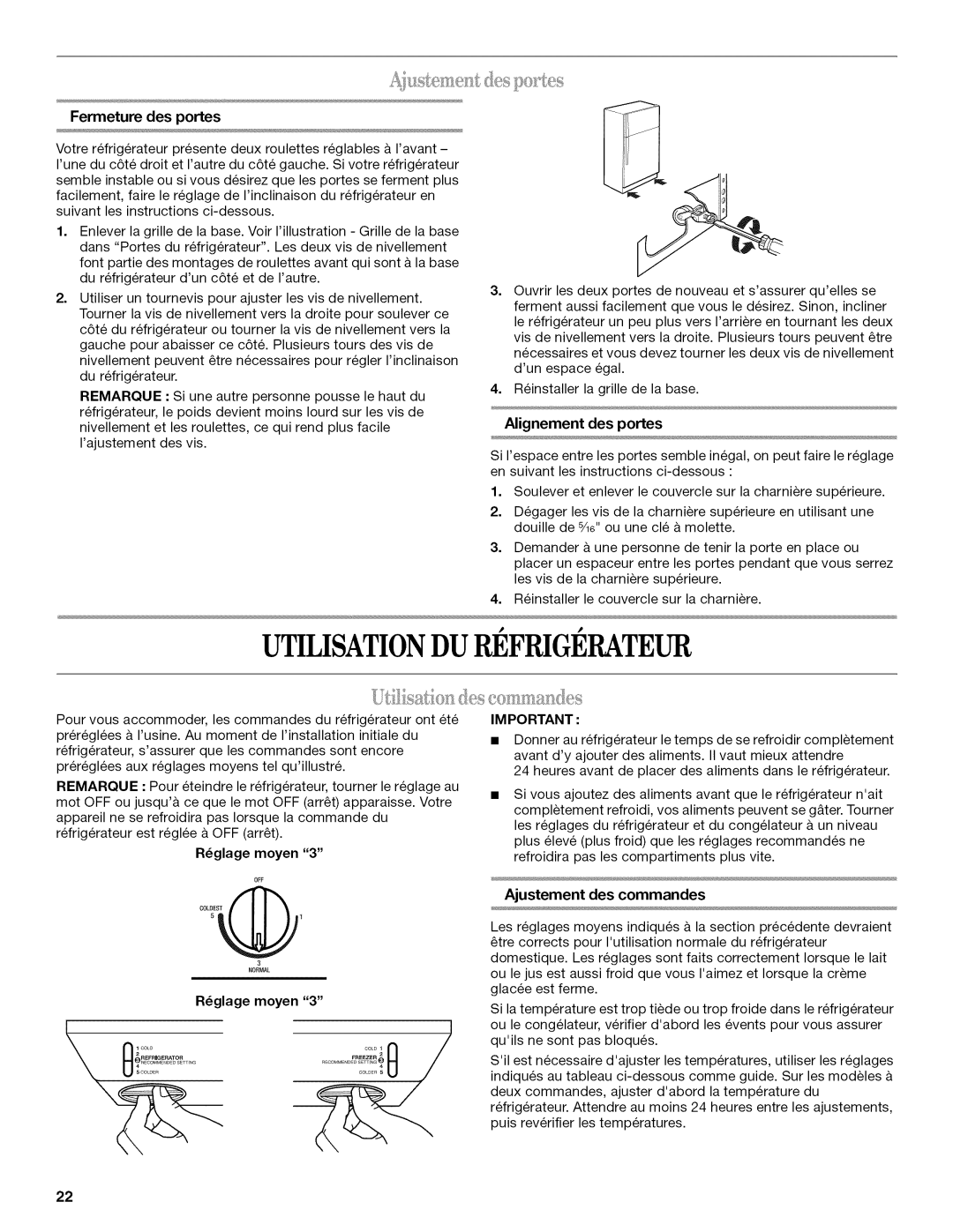 Whirlpool W10131412A Utilisationdu Refrigerateur, Fermeture des portes, Alignement des portes, Rglage moyen 