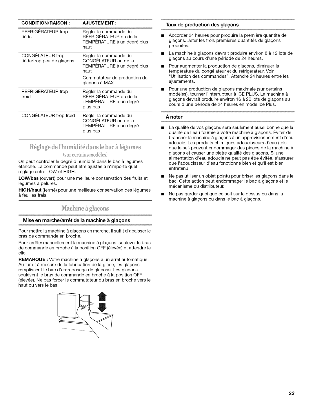 Whirlpool W10131412A CONDITION/RAISON Ajustement, Mise en marche/arrt de la machine glaons, Taux de production des glagons 