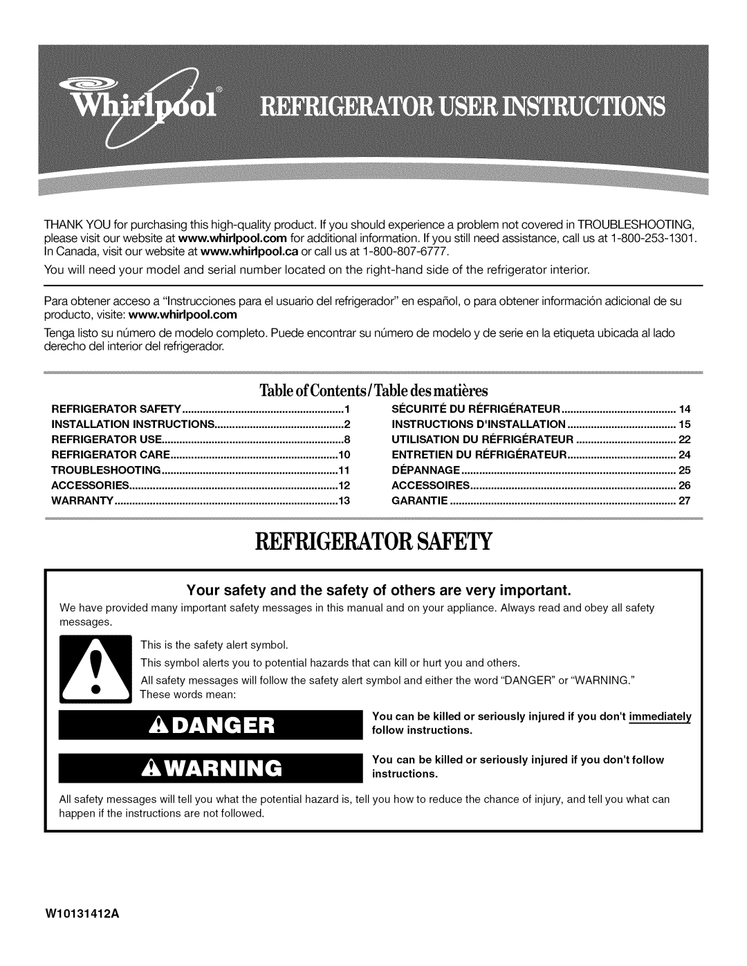 Whirlpool W10131412A installation instructions Refrigeratorsafety, Tableof Contents / Tabledes matibres 