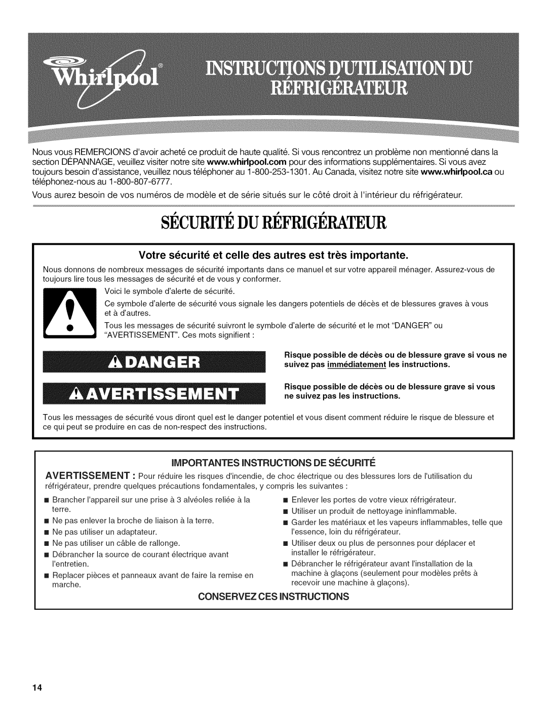 Whirlpool W10131412A Securitedu Refrigerateur, IlViPORTANTES INSTRUCTIONS DE SECURITi, Conservezcesinstructions 