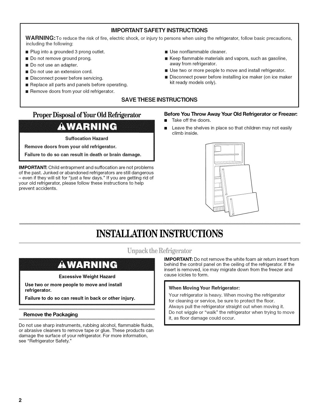 Whirlpool W10131412A Installationinstructions, Proper Disposal of Your Old Refrigerator, Safety, iNSTRUCTiONS 