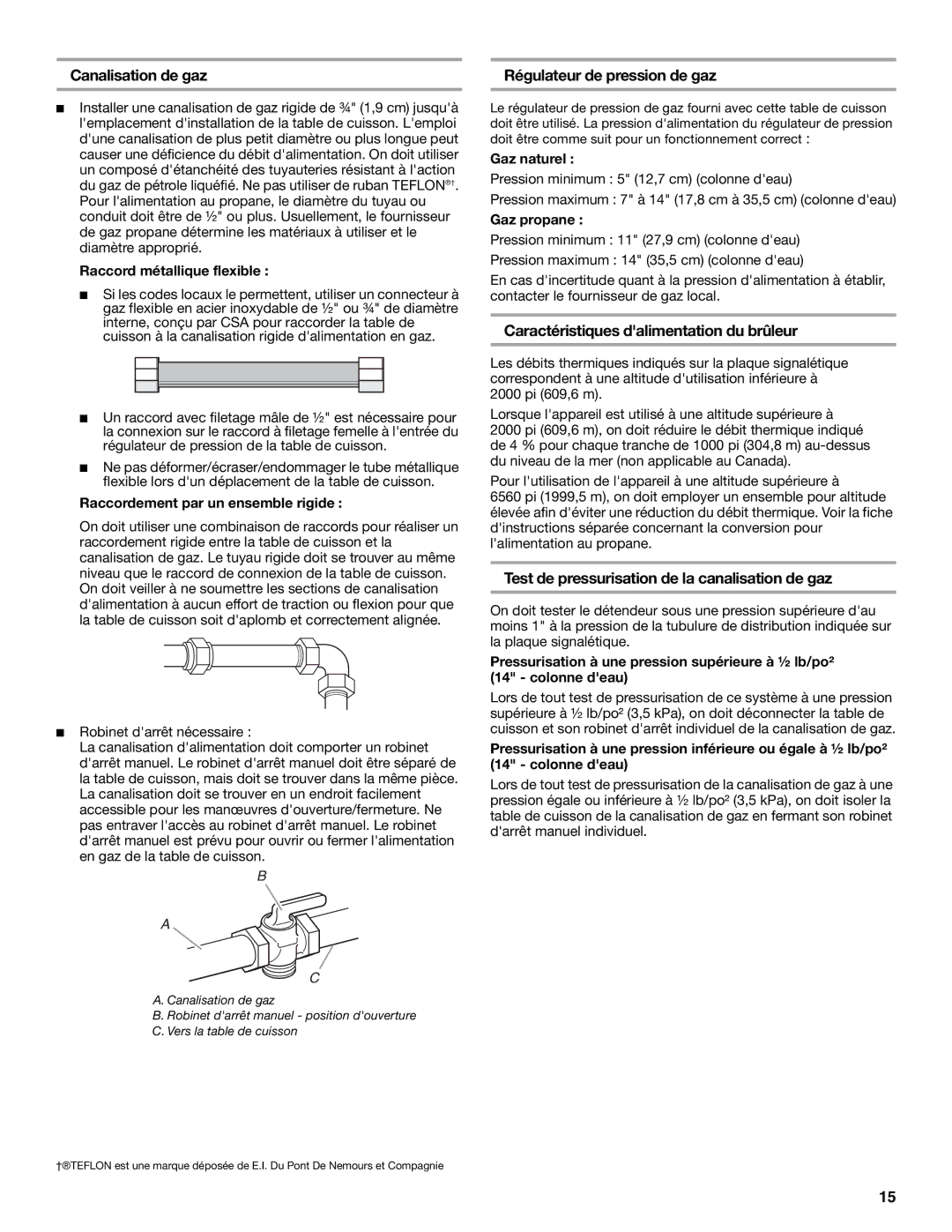 Whirlpool W10131955B Canalisation de gaz, Régulateur de pression de gaz, Caractéristiques dalimentation du brûleur 