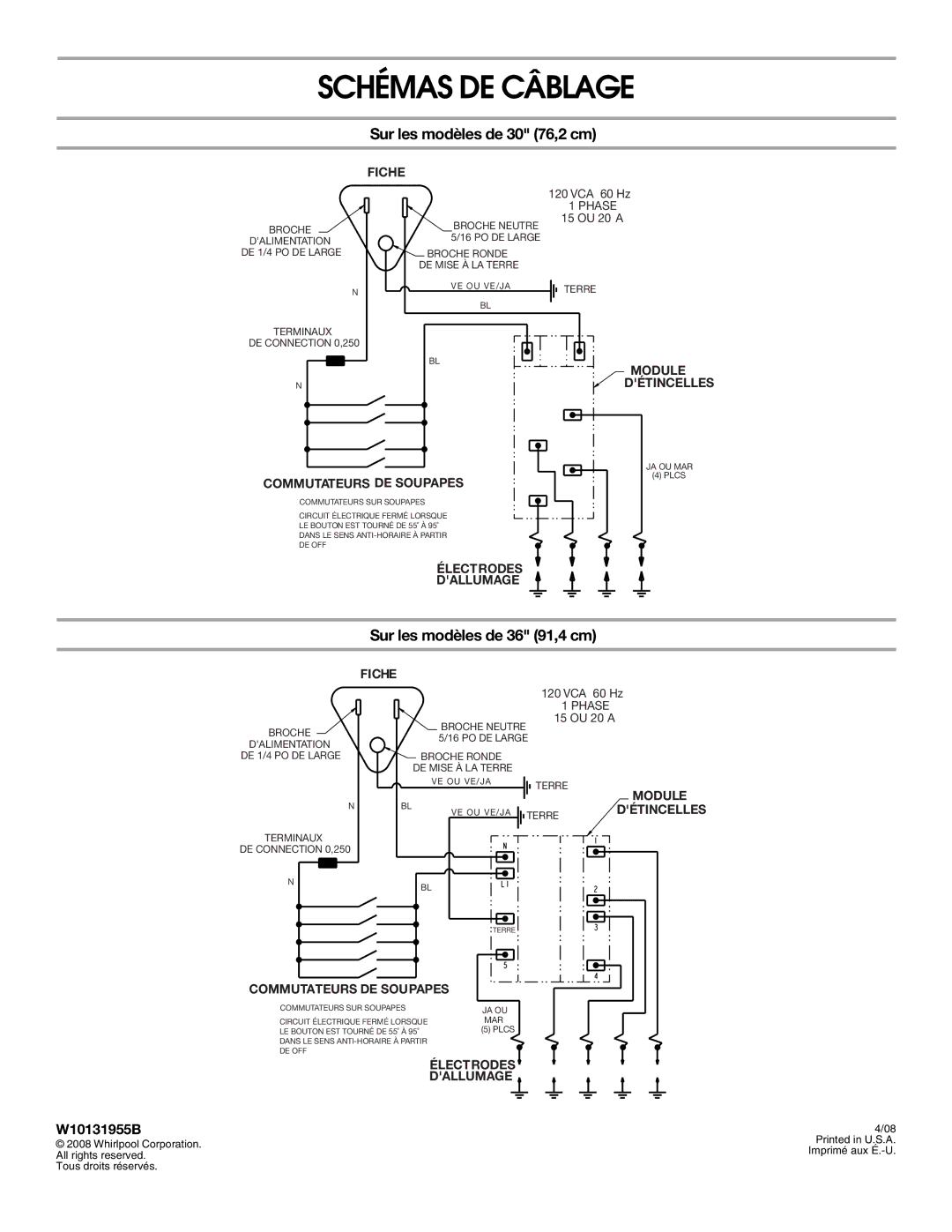 Whirlpool W10131955B Schémas DE Câblage, Sur les modèles de 30 76,2 cm, Sur les modèles de 36 91,4 cm 