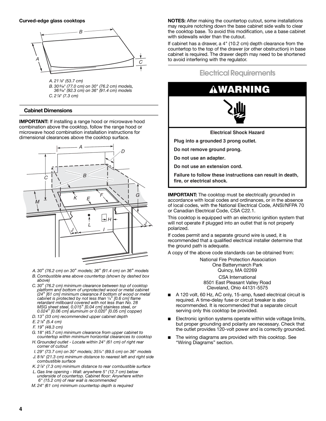 Whirlpool W10131955B installation instructions Electrical Requirements, Cabinet Dimensions, Curved-edge glass cooktops 