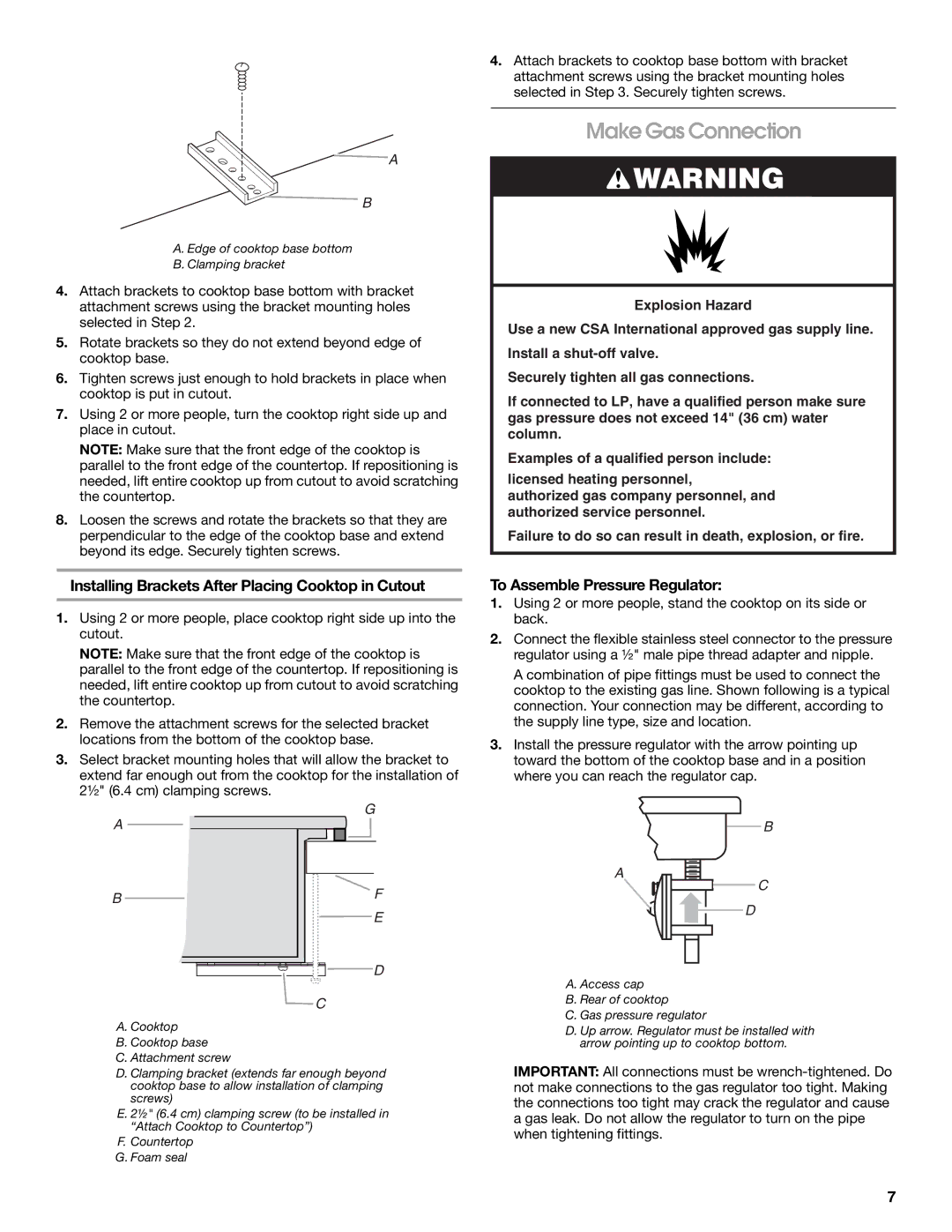 Whirlpool W10131955B installation instructions Make Gas Connection, Installing Brackets After Placing Cooktop in Cutout 