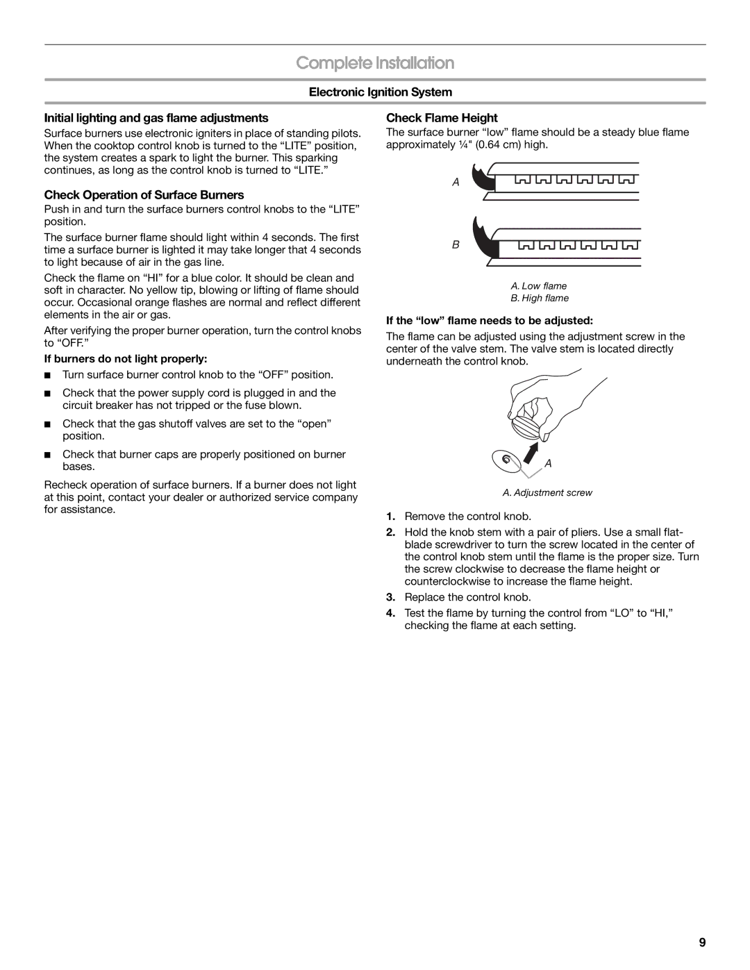 Whirlpool W10131955B Complete Installation, Check Operation of Surface Burners, Check Flame Height 