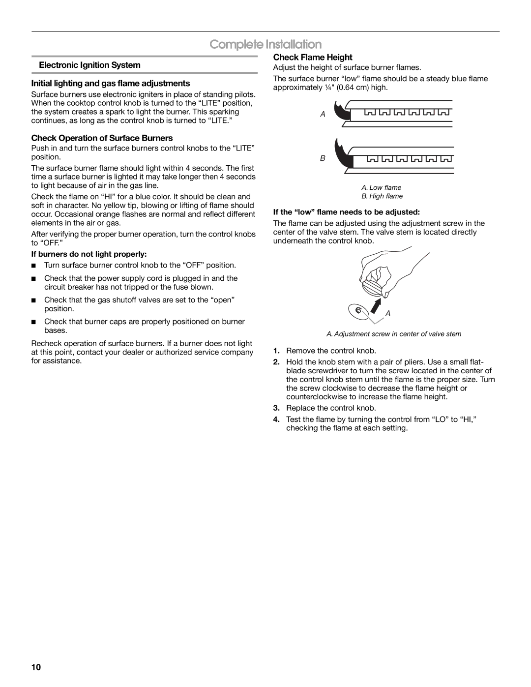 Whirlpool W10131955C Complete Installation, Check Flame Height, Check Operation of Surface Burners 