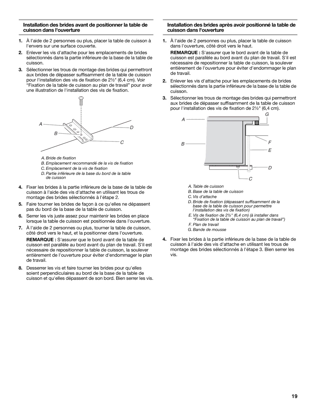 Whirlpool W10131955C installation instructions Plan de travail Bande de mousse 