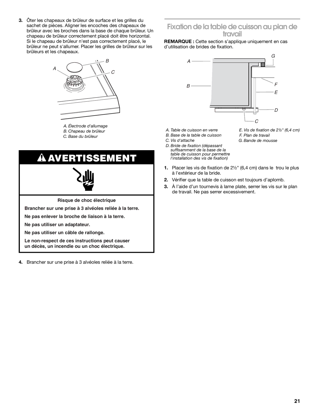 Whirlpool W10131955C installation instructions Fixation de la table de cuisson au plan de Travail 