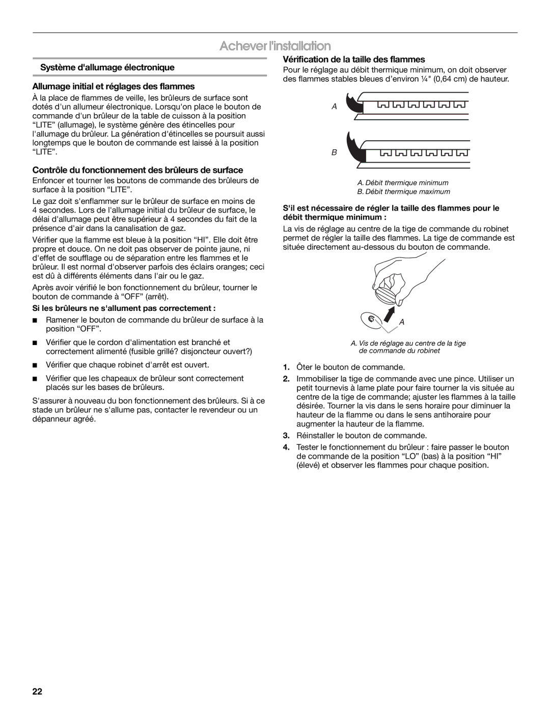 Whirlpool W10131955C installation instructions Achever linstallation, Contrôle du fonctionnement des brûleurs de surface 