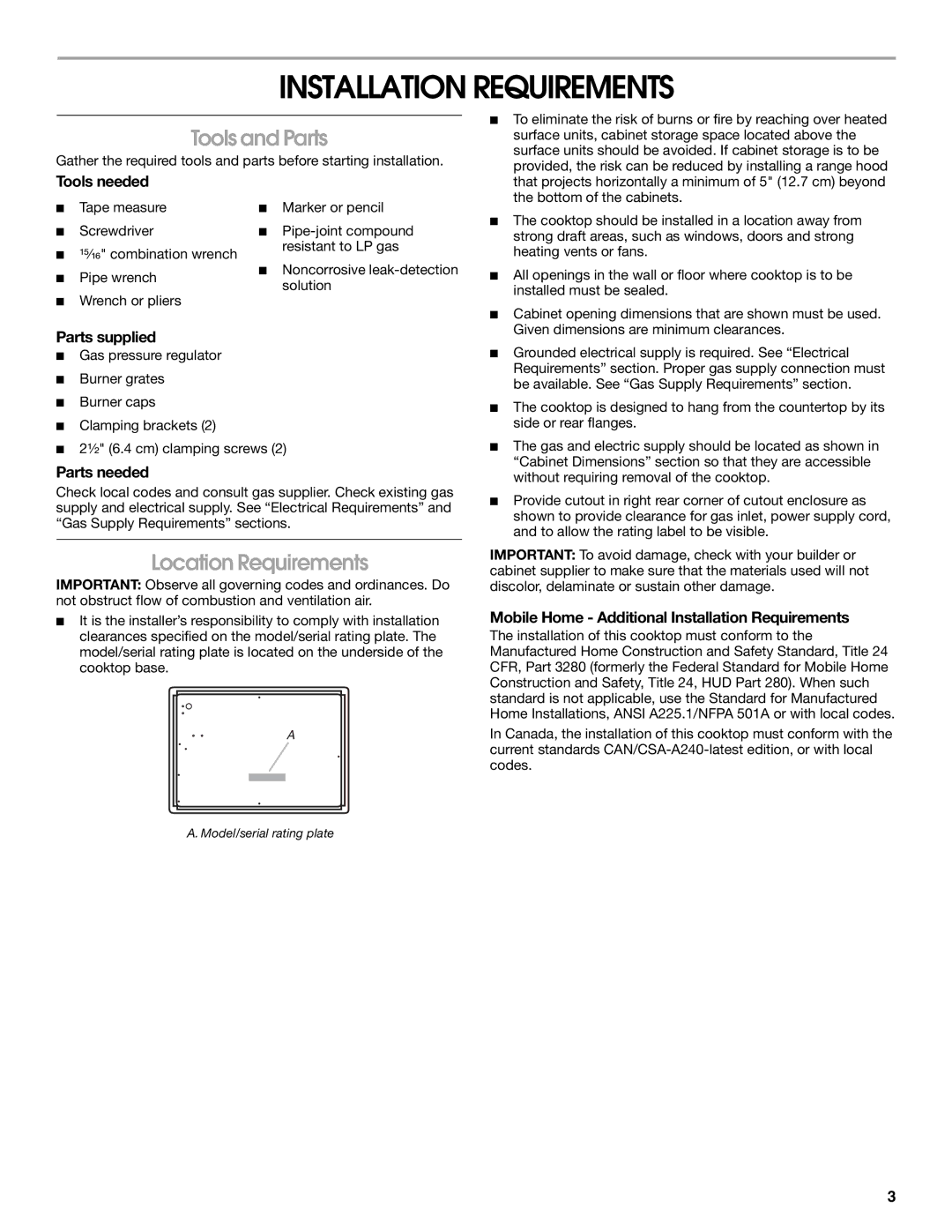 Whirlpool W10131955C installation instructions Installation Requirements, Tools and Parts, Location Requirements 