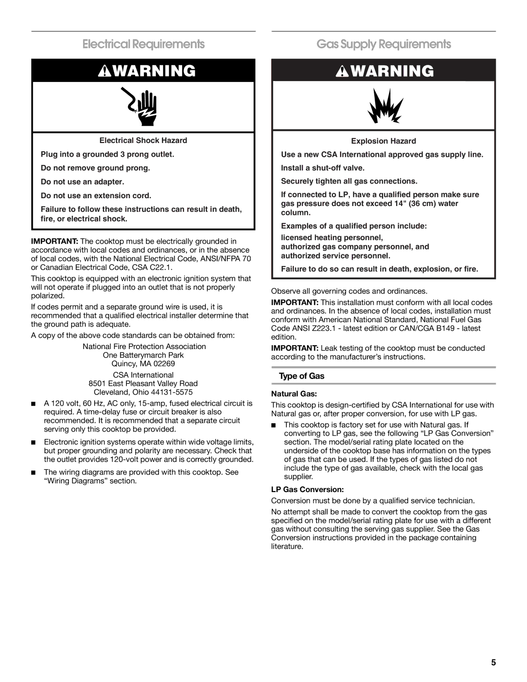 Whirlpool W10131955C Electrical Requirements, Gas Supply Requirements, Type of Gas, Natural Gas, LP Gas Conversion 