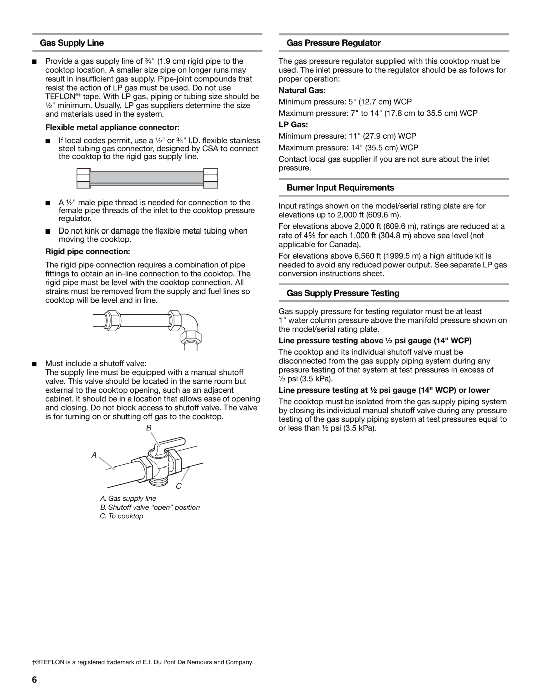 Whirlpool W10131955C Gas Supply Line, Gas Pressure Regulator, Burner Input Requirements, Gas Supply Pressure Testing 