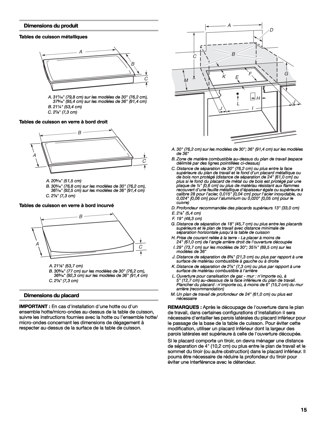 Whirlpool W10131955C Dimensions du produit, Dimensions du placard, Tables de cuisson métalliques, A D Cb, Fg H, B A C 