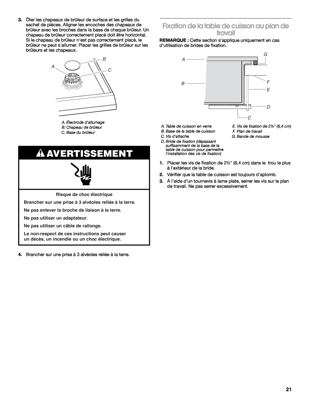 Whirlpool W10131955C installation instructions Fixation de la table de cuisson au plan de travail, Avertissement, B A C 