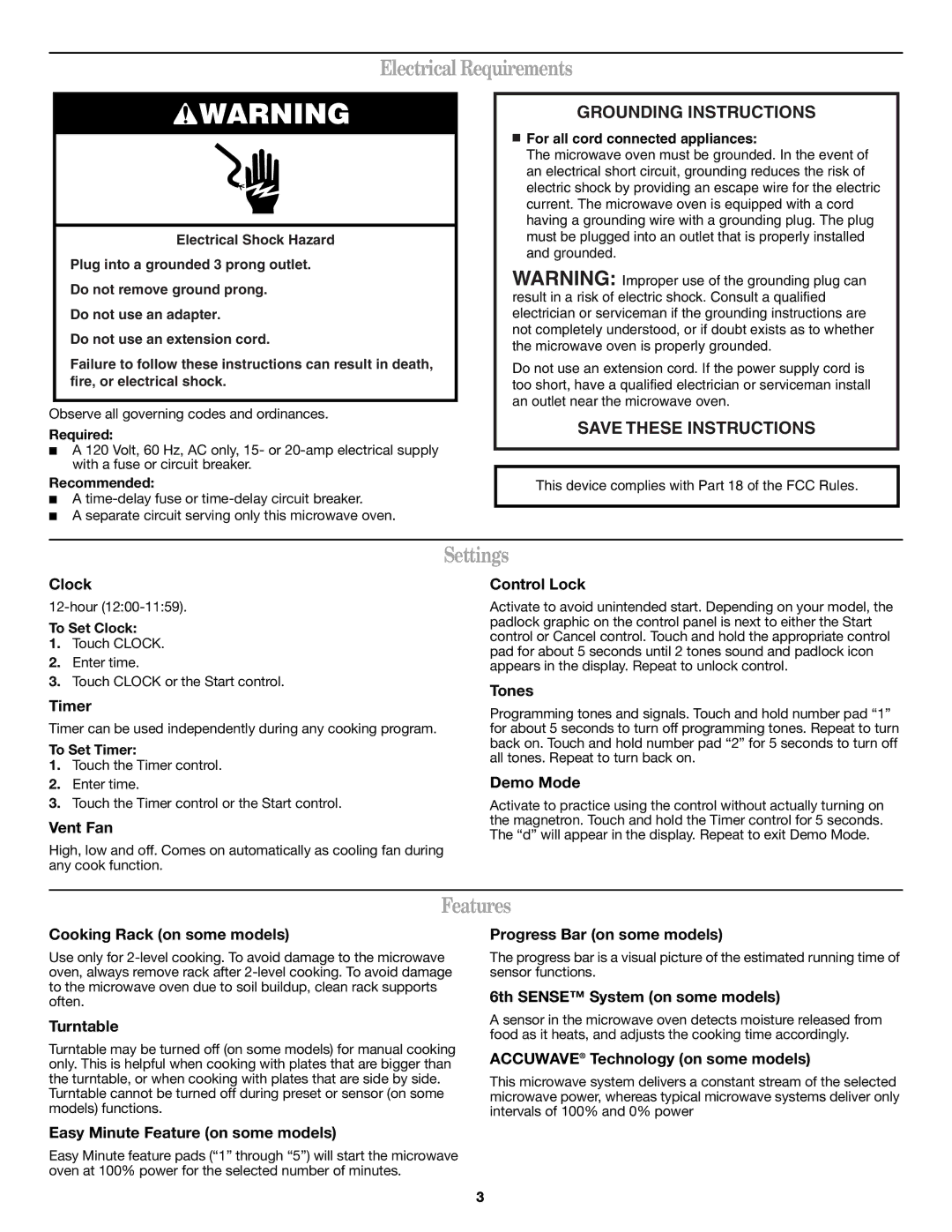 Whirlpool W10131970A important safety instructions Electrical Requirements, Settings, Features 