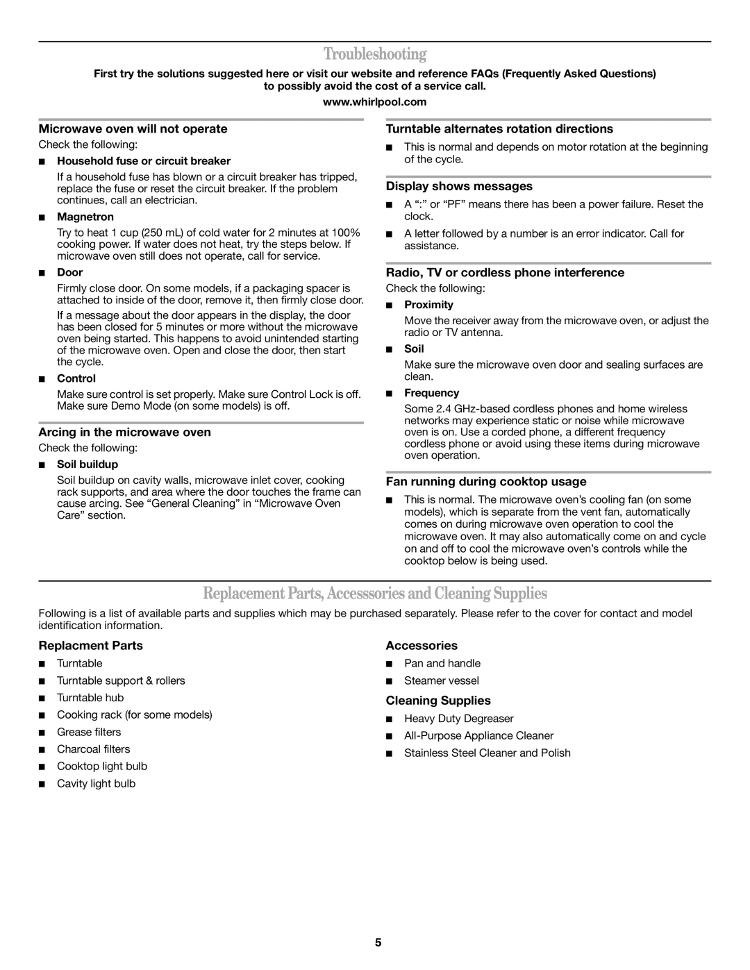 Whirlpool W10131970A important safety instructions Troubleshooting, Replacement Parts, Accesssories and Cleaning Supplies 