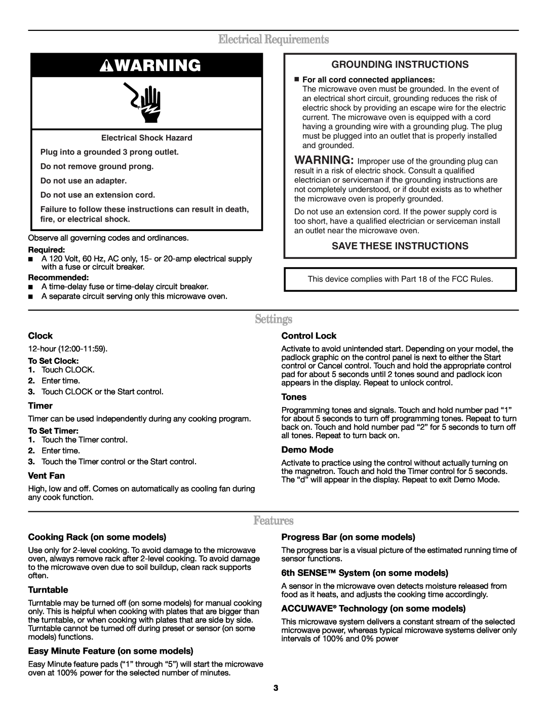 Whirlpool W10131970A Electrical Requirements, Settings, Features, Grounding Instructions, Save These Instructions 