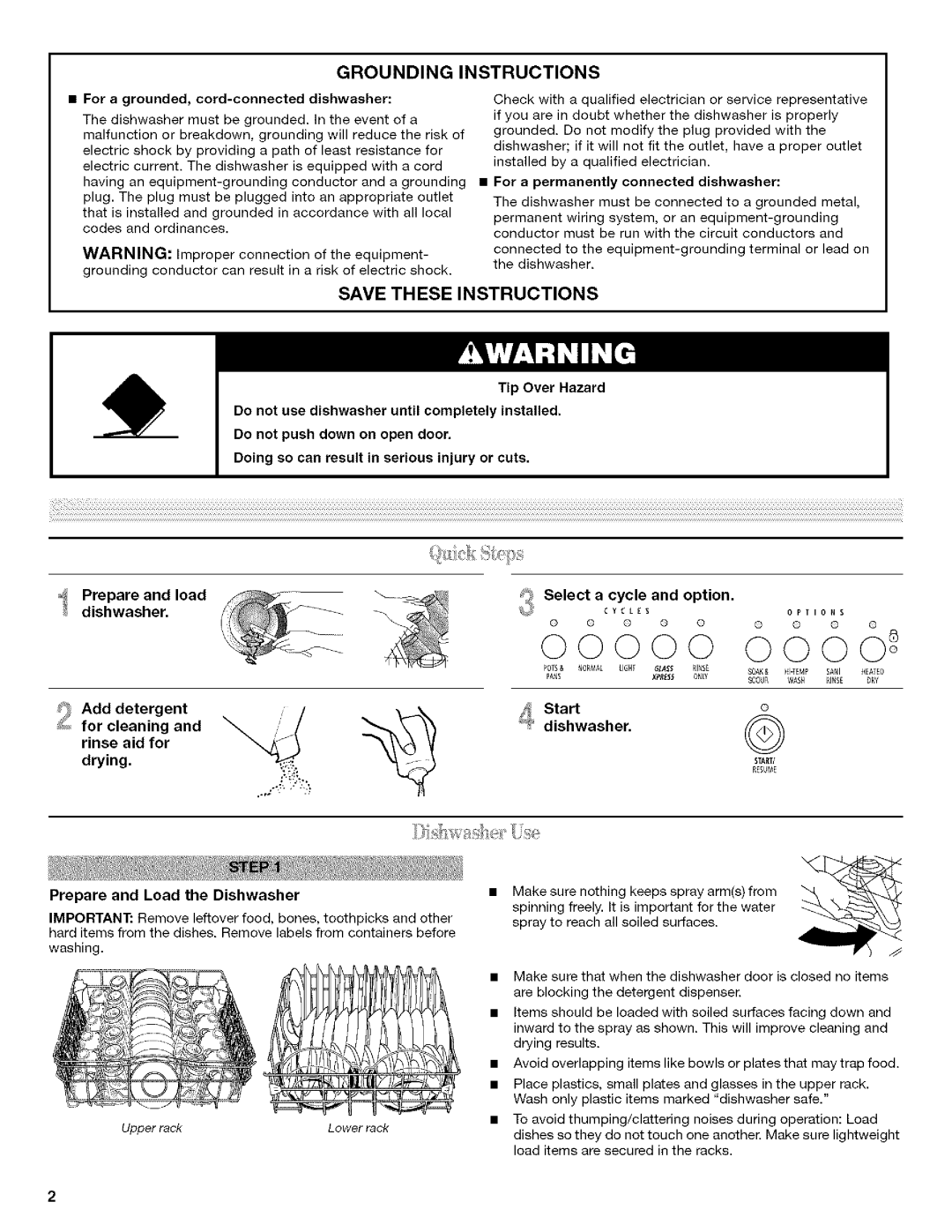 Whirlpool W10133161A Grounding Instructions, Prepare and load Select Cycle Option, Cleaning, Rinse aid for Start Drying 