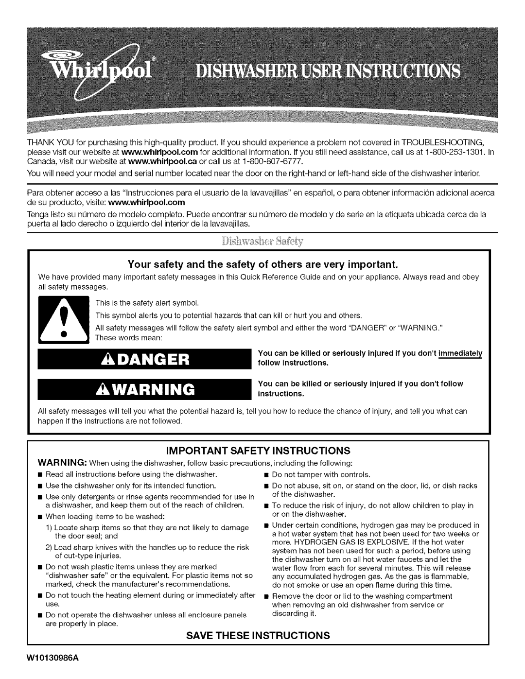 Whirlpool W10130986A, W10133161A important safety instructions Safety, Save These Instructions 