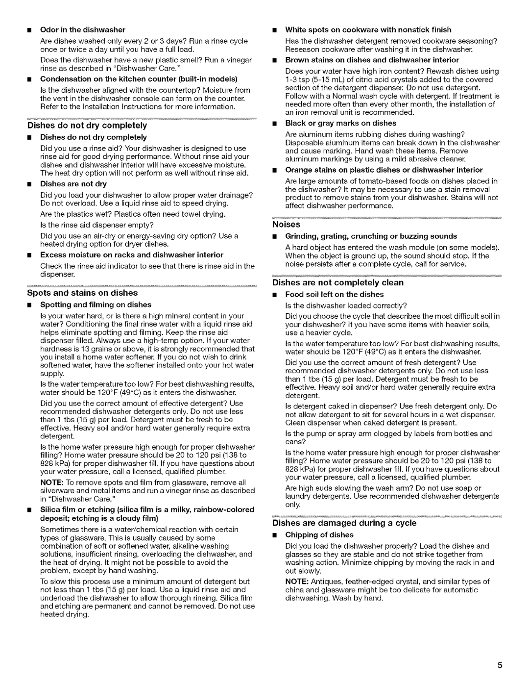 Whirlpool W10130986A, W10133161A important safety instructions •Odor in the dishwasher 