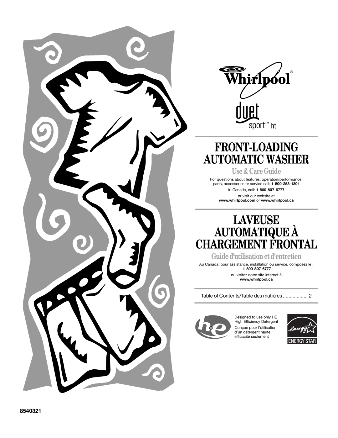 Whirlpool W10133484A manual Use& CareGuide, Guided’utilisation etd’entretien, 8540321 