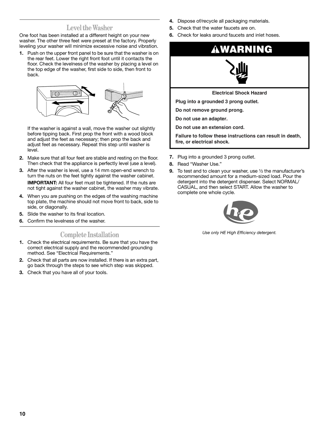 Whirlpool W10133484A manual Level theWasher, CompleteInstallation 