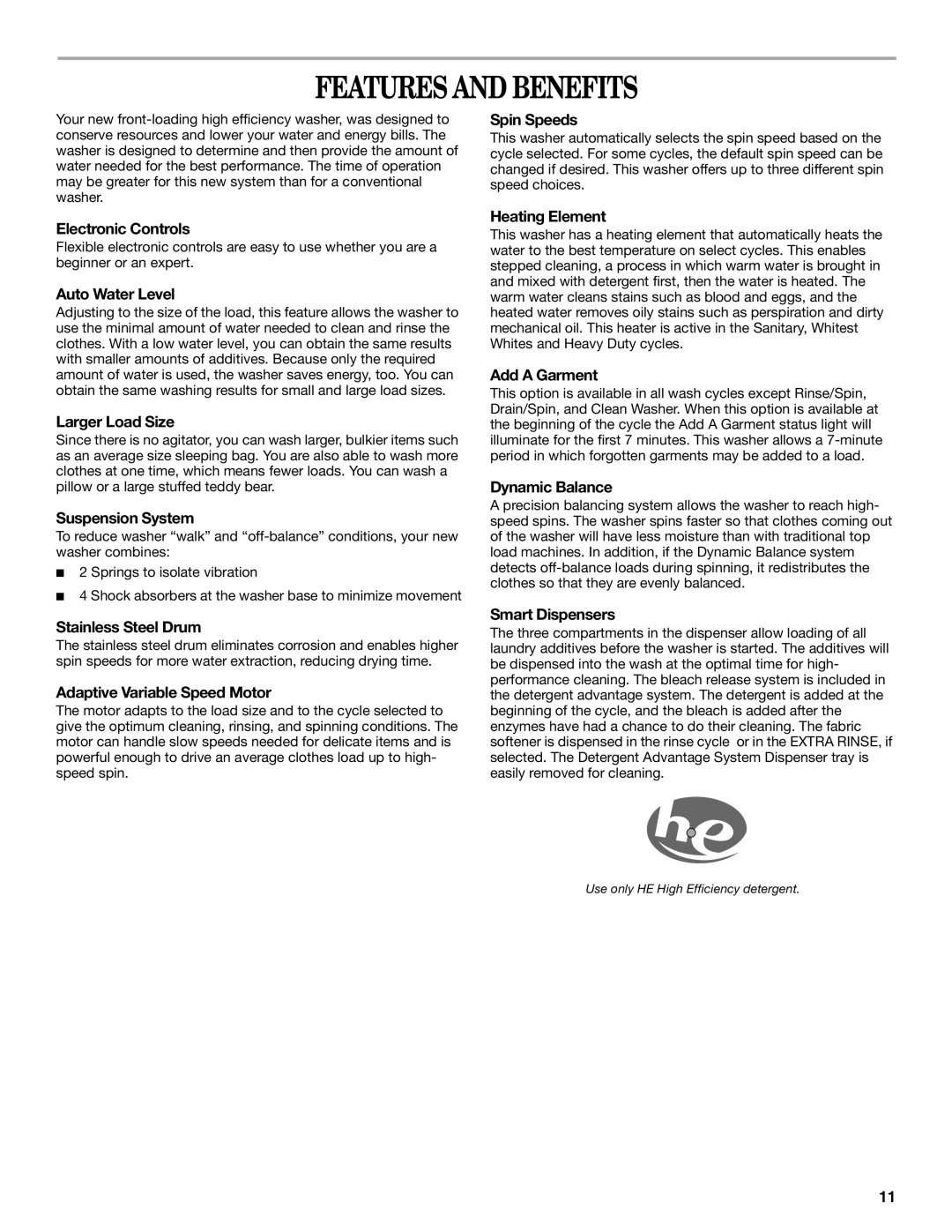 Whirlpool W10133484A manual Features and Benefits 