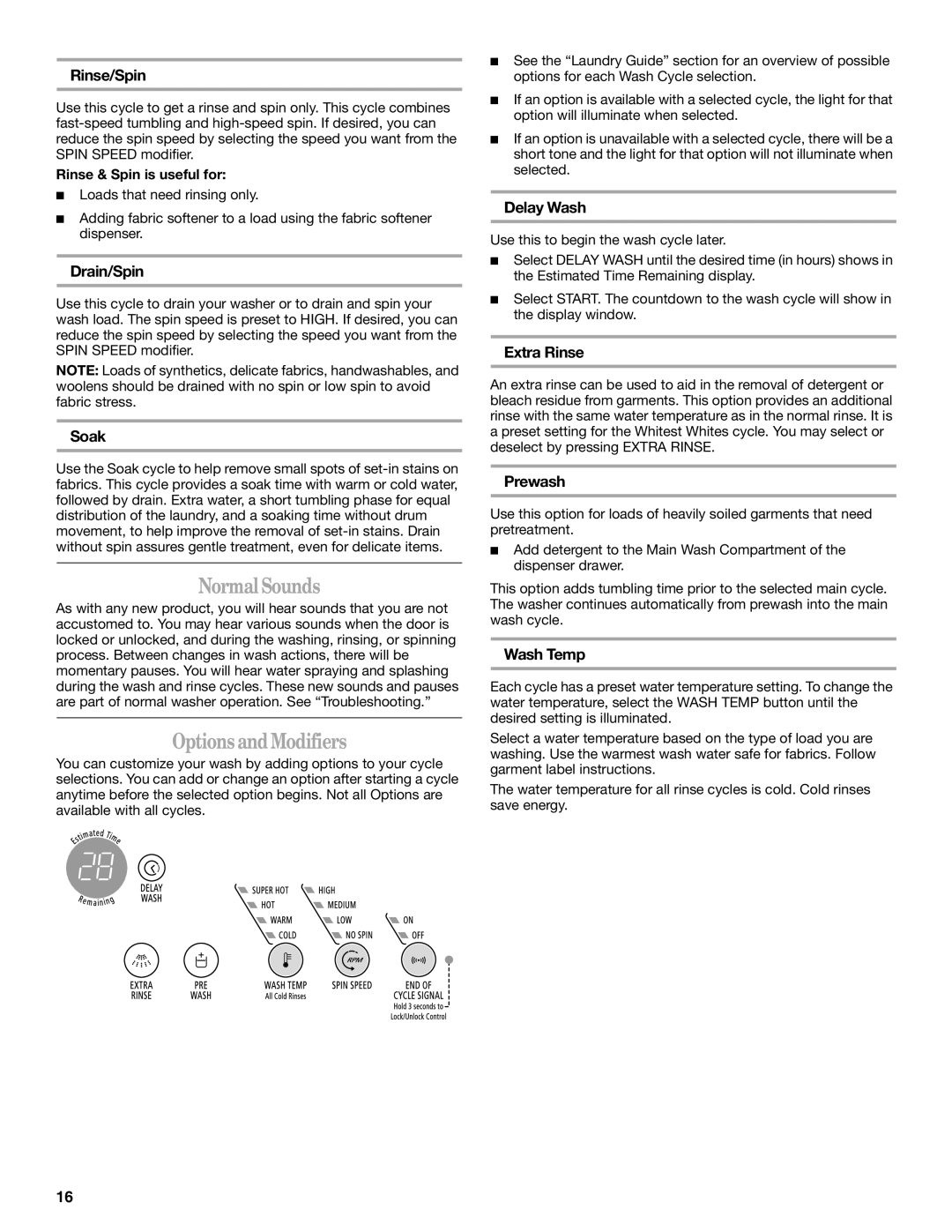 Whirlpool W10133484A manual NormalSounds, OptionsandModifiers 