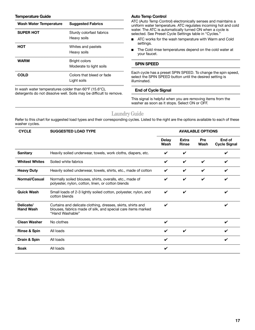 Whirlpool W10133484A manual LaundryGuide, Temperature Guide, Auto Temp Control, End of Cycle Signal 