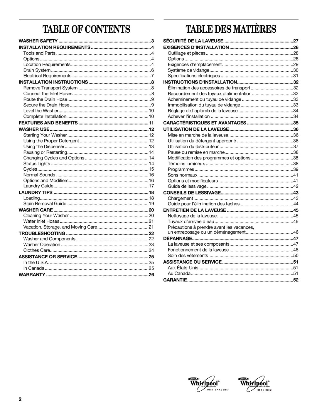 Whirlpool W10133484A manual Table DES Matières 