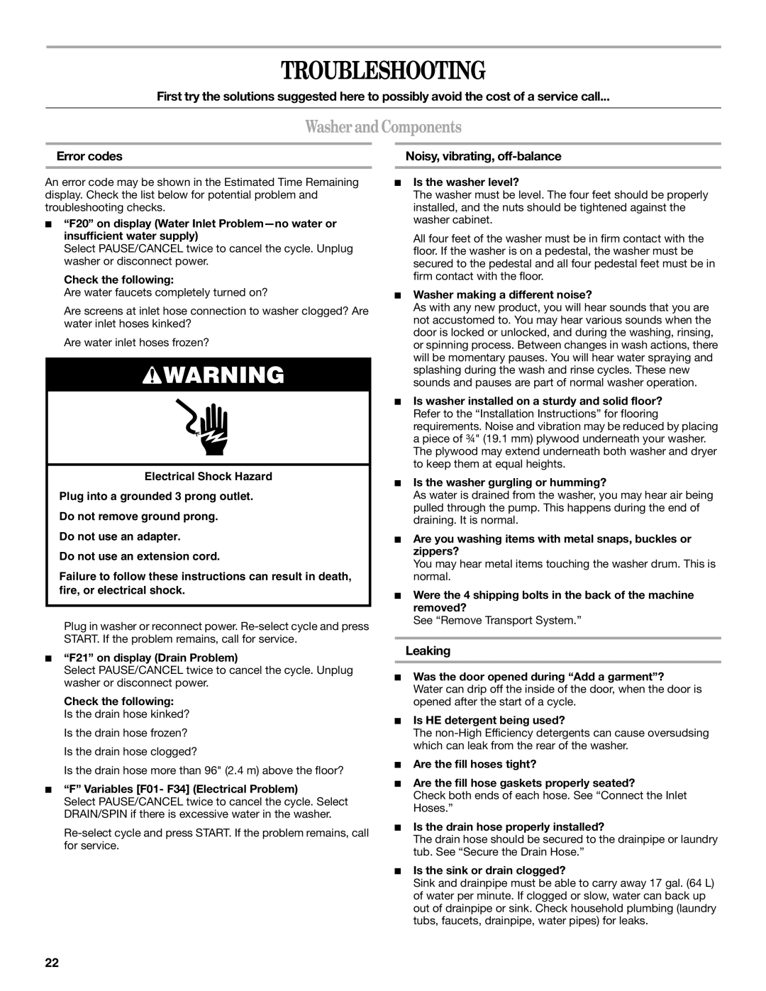 Whirlpool W10133484A manual Troubleshooting, WasherandComponents, Error codes Noisy, vibrating, off-balance, Leaking 