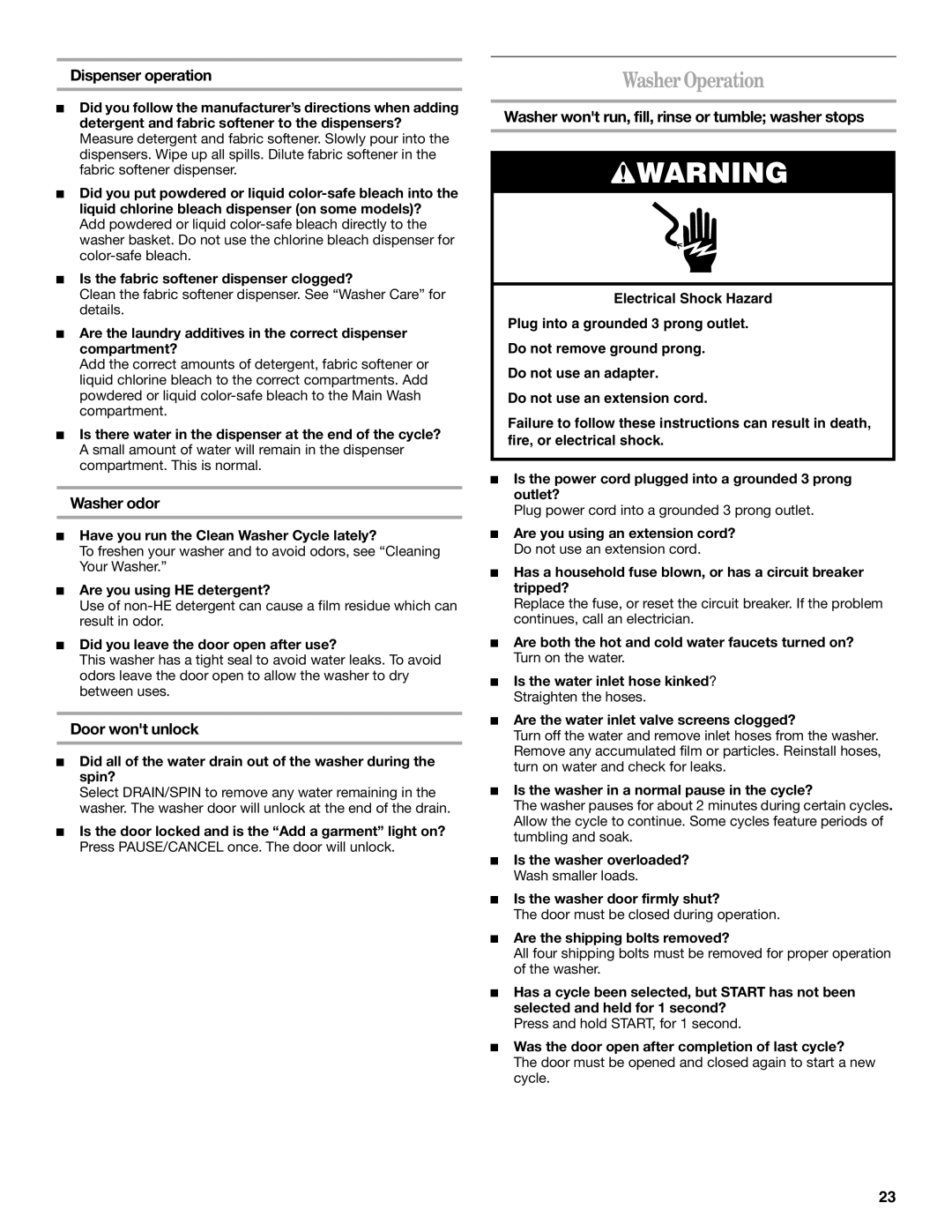 Whirlpool W10133484A manual WasherOperation, Dispenser operation, Washer odor, Door wont unlock 