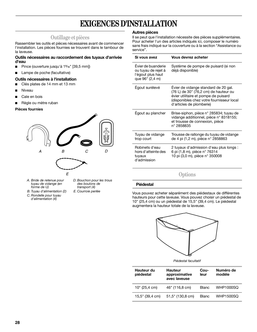 Whirlpool W10133484A manual Exigences Dinstallation, Outillageetpièces 