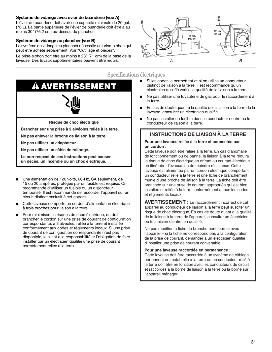 Whirlpool W10133484A manual Spécificationsélectriques, Système de vidange avec évier de buanderie vue a 