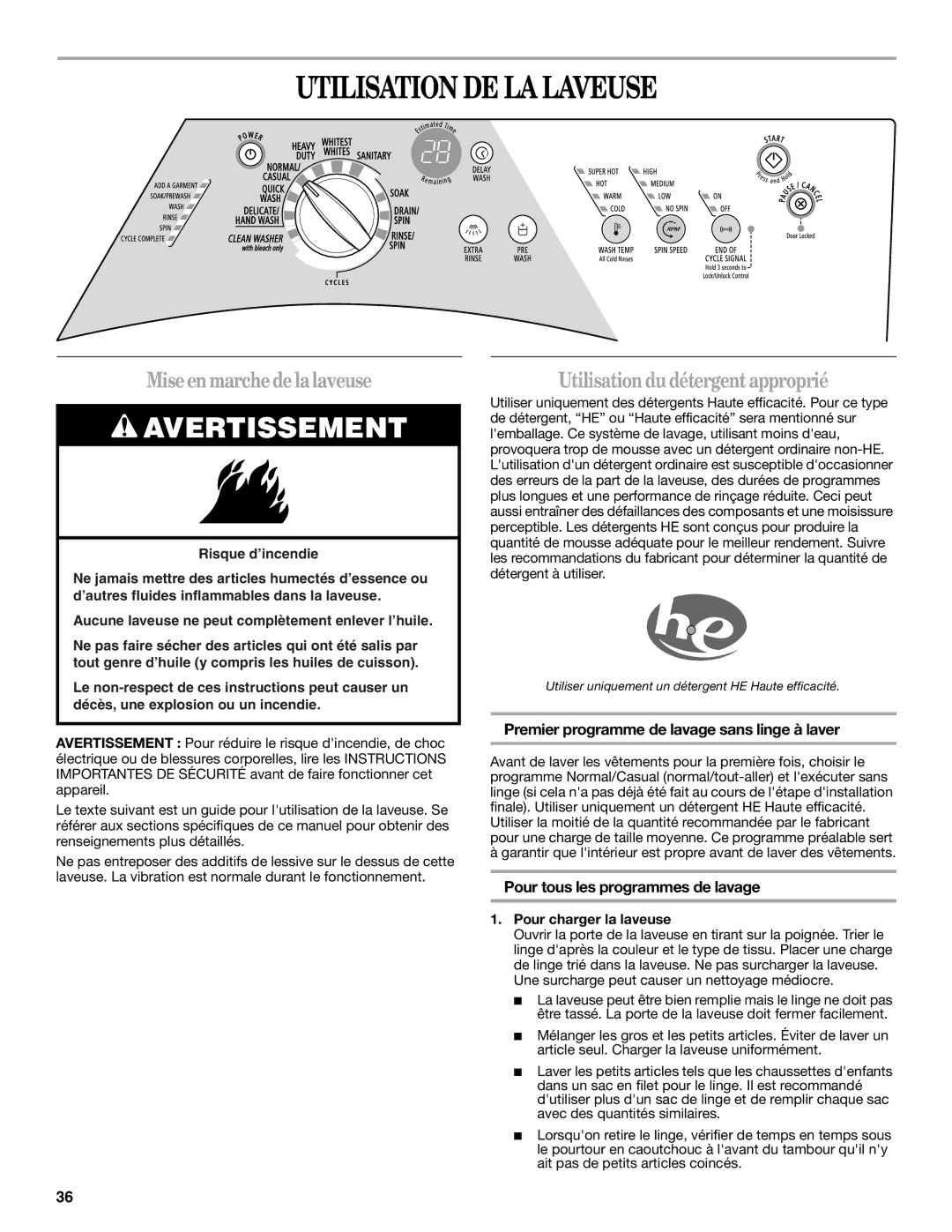 Whirlpool W10133484A manual Utilisation DE LA Laveuse, Miseenmarchedelalaveuse, Utilisation dudétergentapproprié 