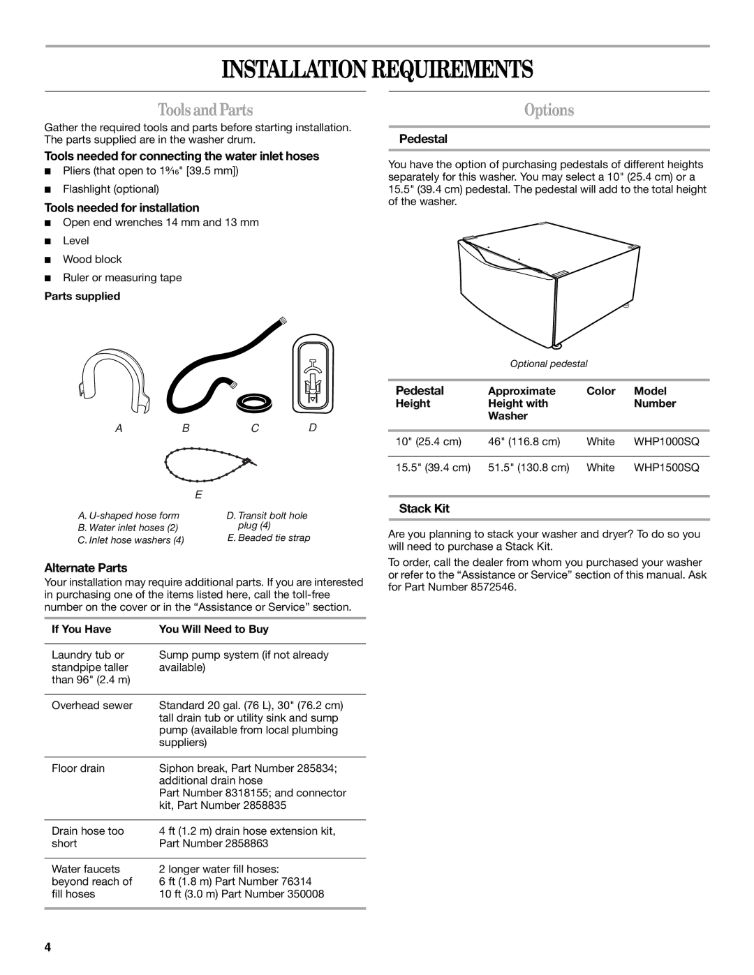 Whirlpool W10133484A manual Installation Requirements, ToolsandParts, Options 