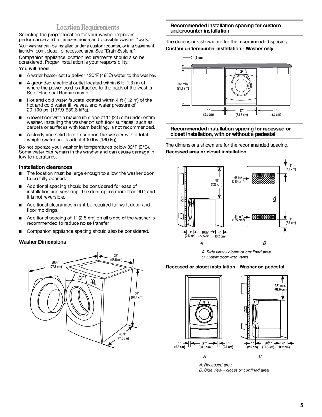 Whirlpool W10133484A manual LocationRequirements, Installation clearances, Washer Dimensions 