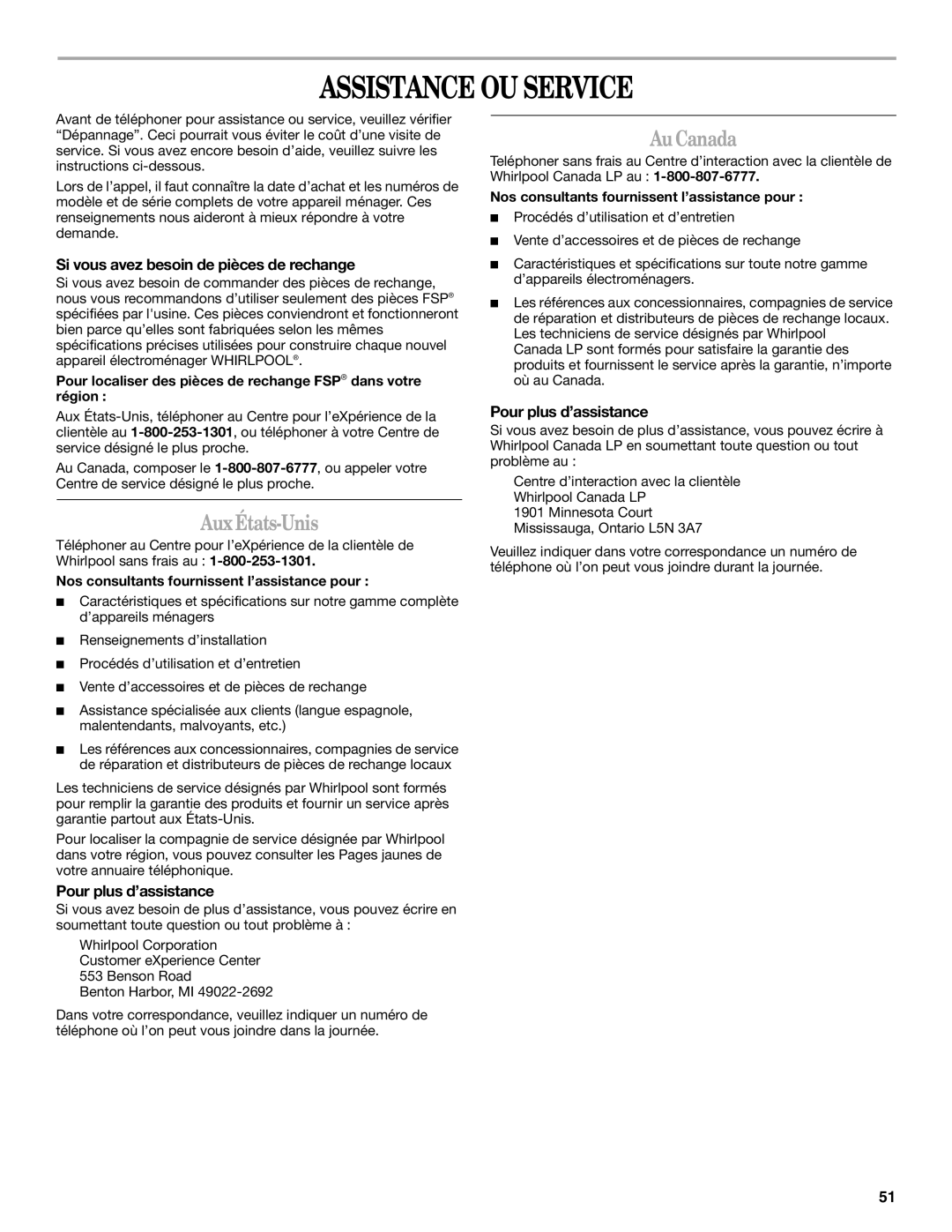 Whirlpool W10133484A manual Assistance OU Service, AuxÉtats-Unis, Au Canada, Si vous avez besoin de pièces de rechange 