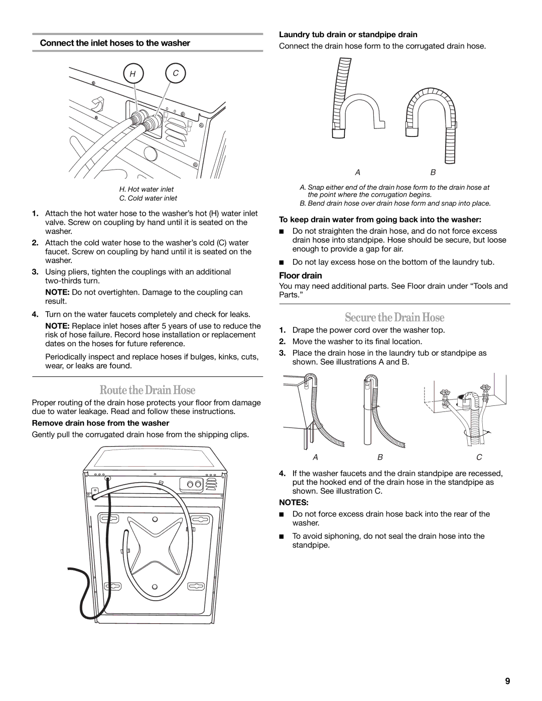 Whirlpool W10133484A manual SecuretheDrain Hose, RoutetheDrainHose, Connect the inlet hoses to the washer, Floor drain 