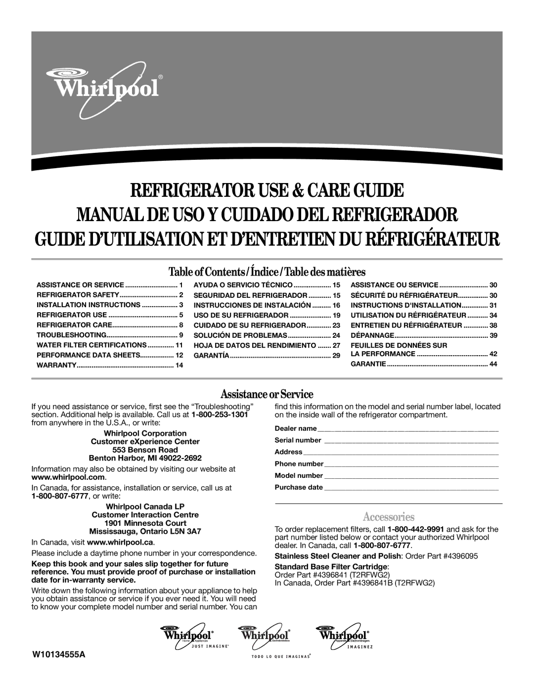 Whirlpool W10134555A warranty Manual DE USO Y Cuidado DEL Refrigerador, Accessories 