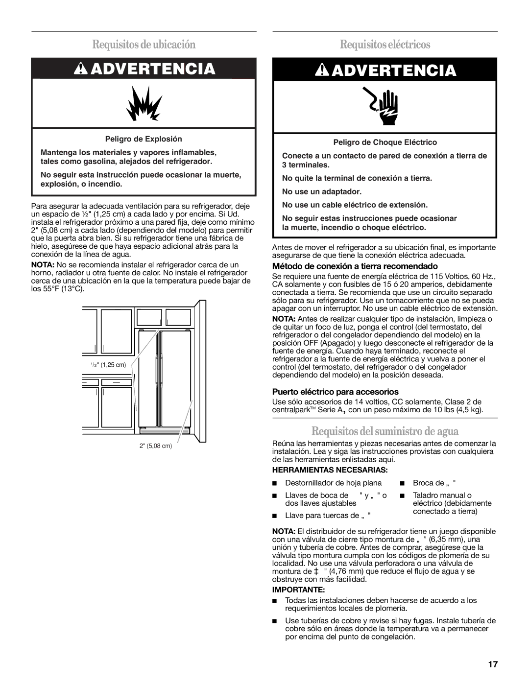 Whirlpool W10134555A warranty Requisitos de ubicación, Requisitos eléctricos, Requisitos del suministro de agua 