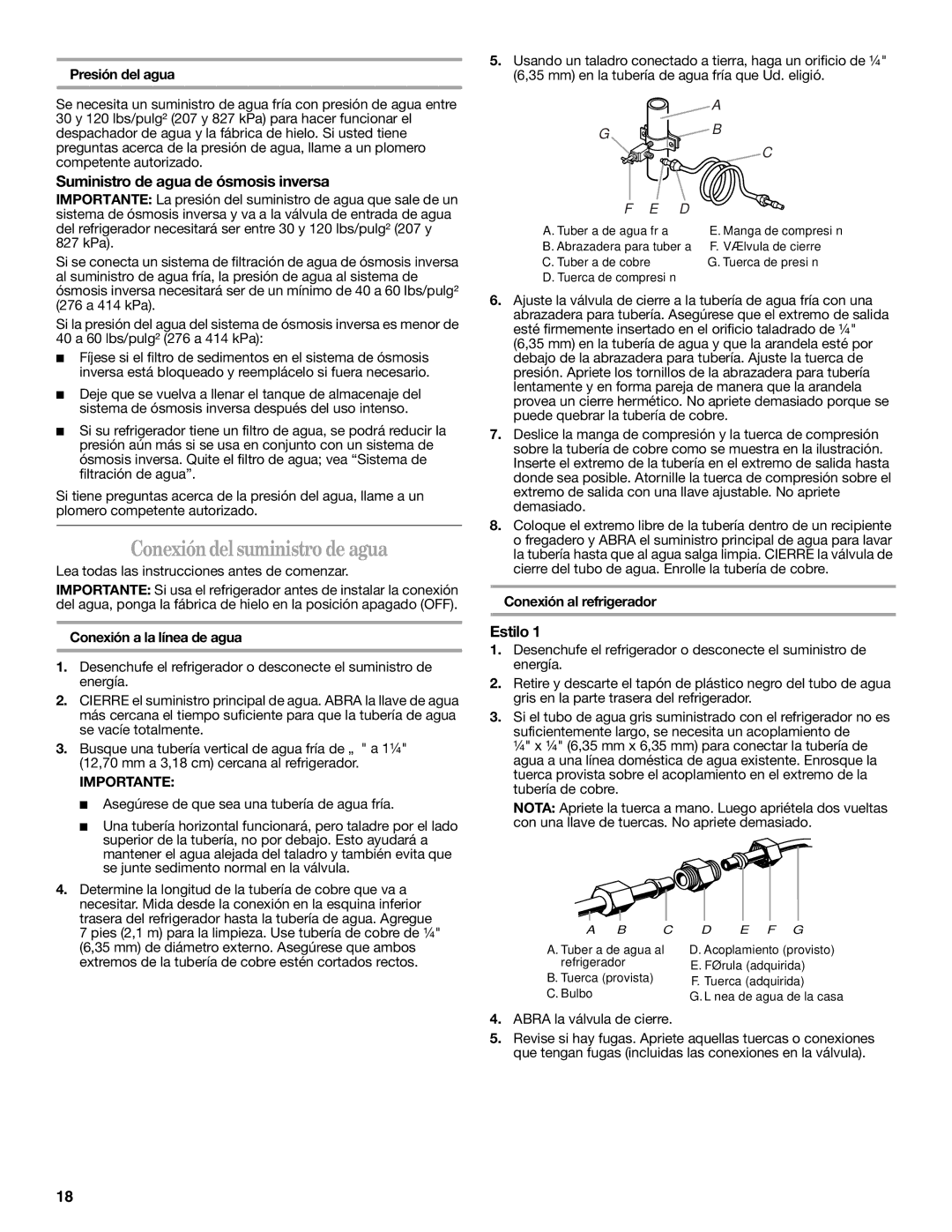 Whirlpool W10134555A warranty Conexióndel suministro de agua, Suministro de agua de ósmosis inversa, Estilo 