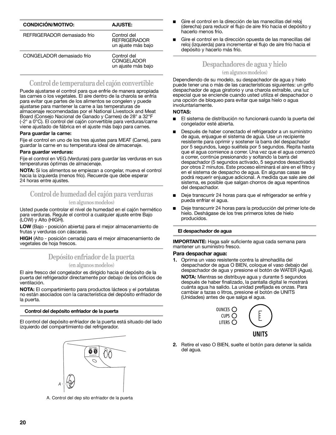 Whirlpool W10134555A warranty Depósito enfriador de la puerta, Despachadores de agua y hielo, Para despachar agua, Notas 