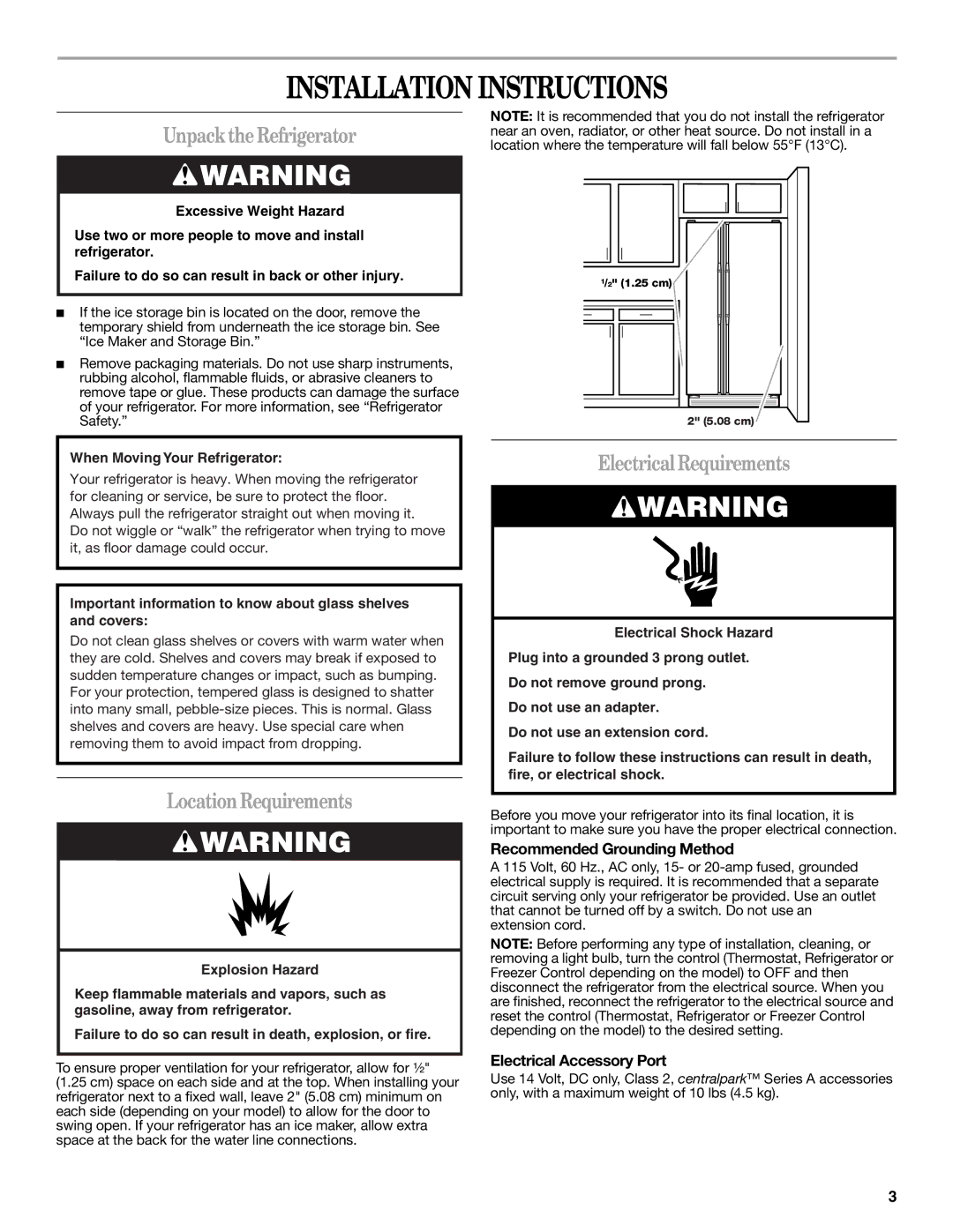 Whirlpool W10134555A Installation Instructions, Unpack the Refrigerator, LocationRequirements, Electrical Requirements 