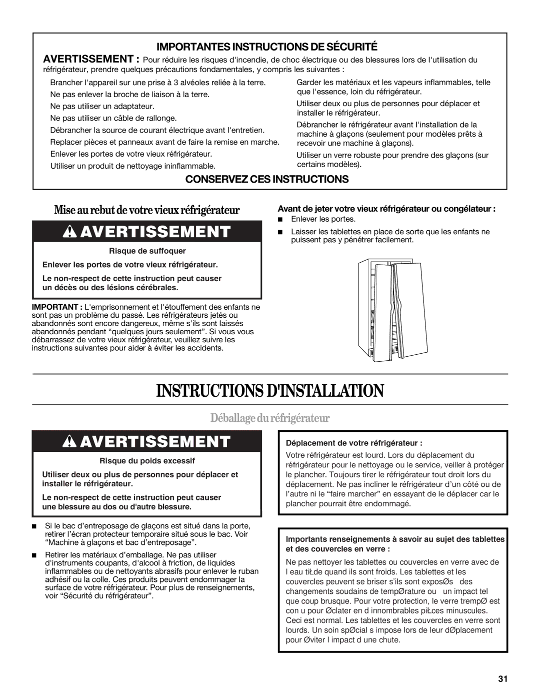 Whirlpool W10134555A warranty Instructions Dinstallation, Déballage duréfrigérateur 