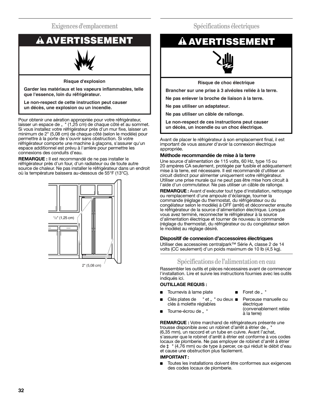 Whirlpool W10134555A warranty Exigences demplacement, Spécifications électriques, Spécifications del’alimentationen eau 