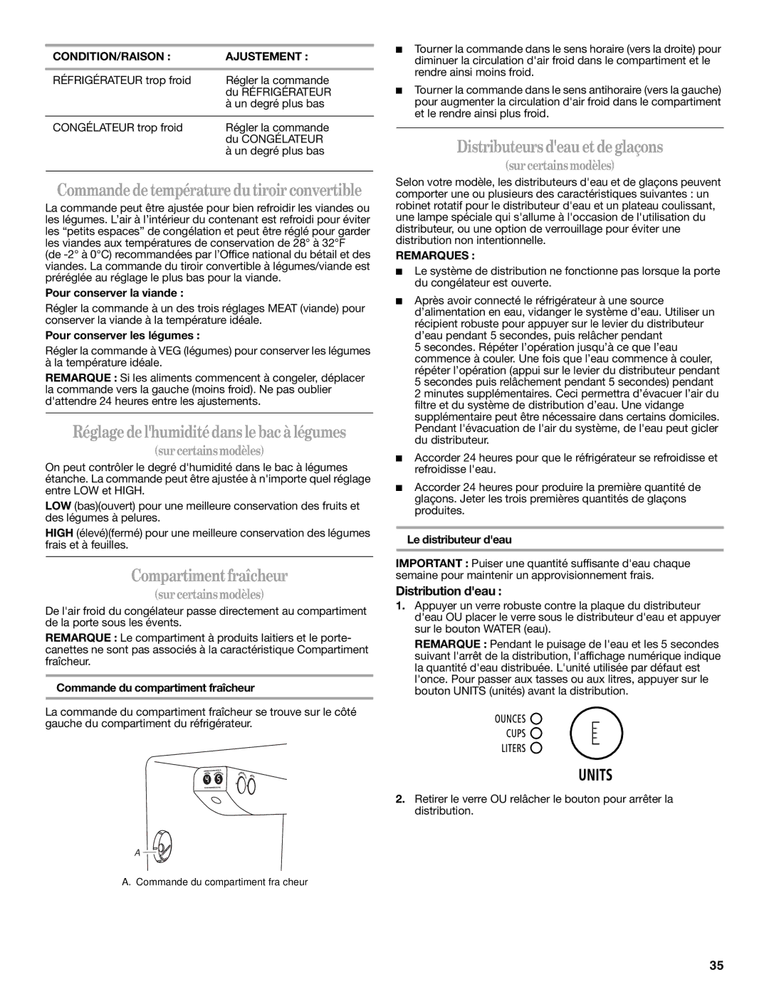 Whirlpool W10134555A warranty Compartiment fraîcheur, Distributeurs deauet de glaçons, Distribution deau, Remarques 